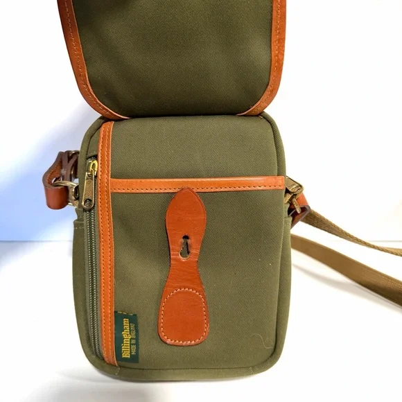 Billingham England Compact Stowaway Camera Green Cognac Brown Leather Handbag - Picture 11 of 15